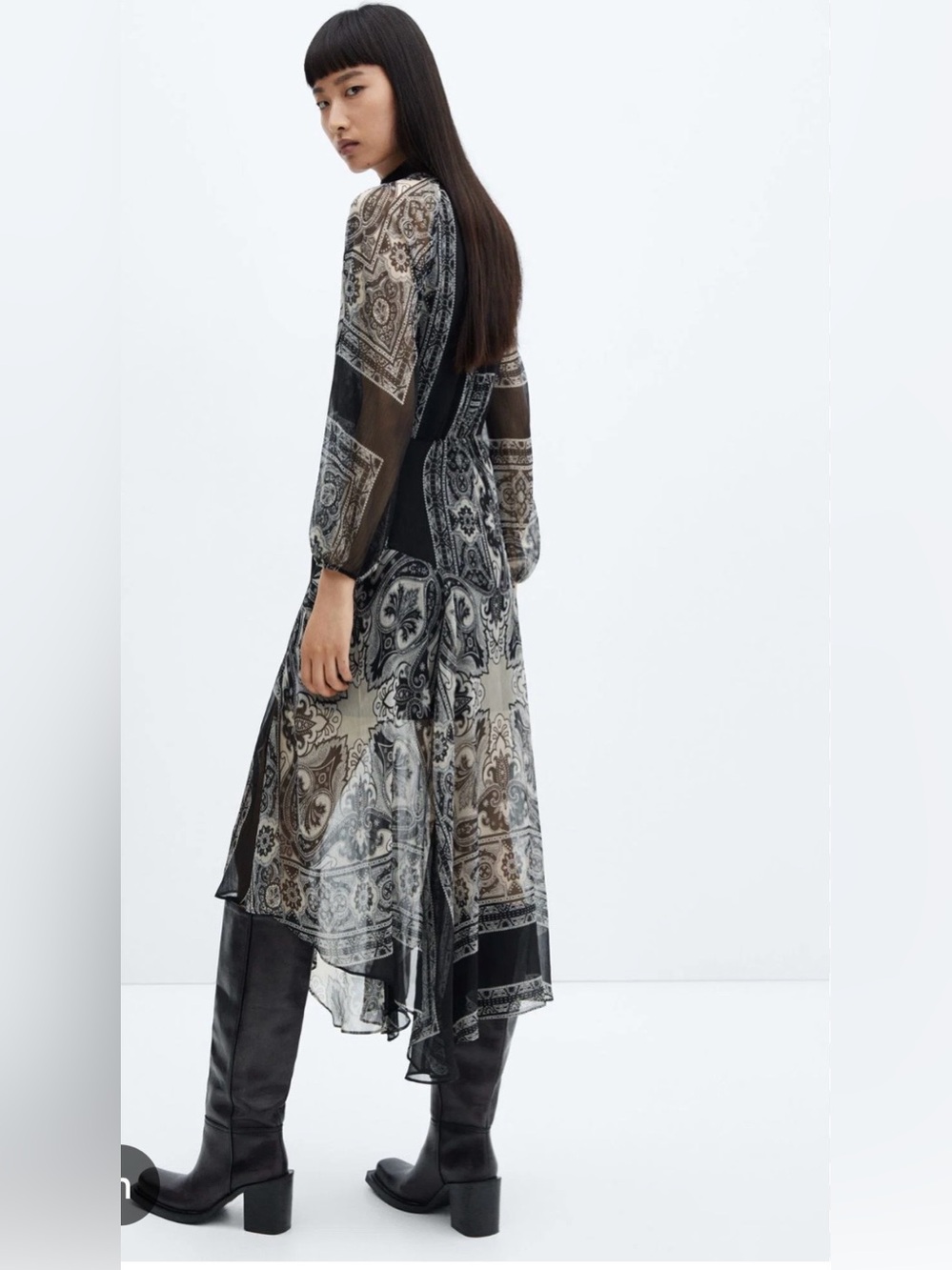 MNG Black & White Paisley Long Sleeve maxi Dress Size 4 - Picture 2 of 13